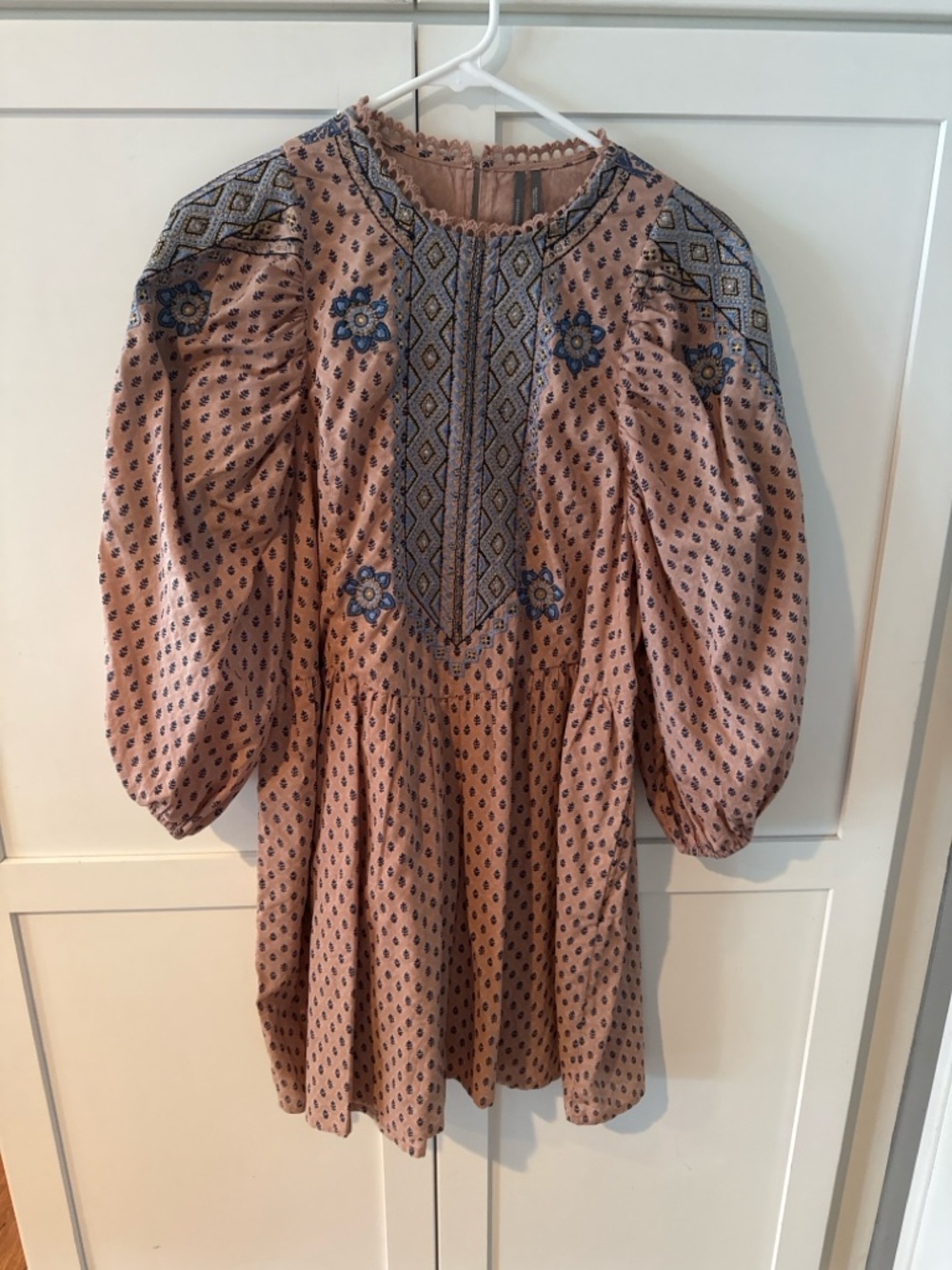 Embroidered Boho Puff-Sleeve Tunic Dress in Dusty Rose